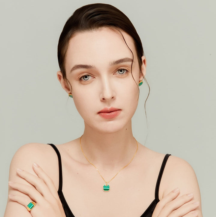 0.38Ct Malachite Silver Studs Paved with Diamonds - MoonClosing