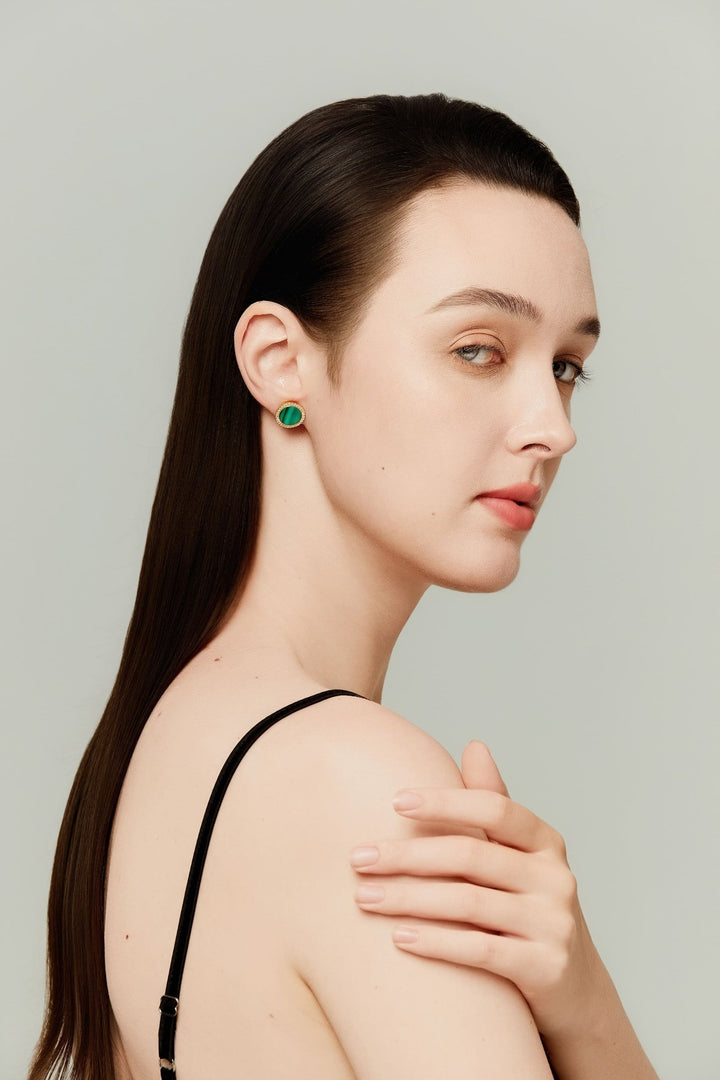 0.38Ct Malachite Silver Studs Paved with Diamonds - MoonClosing