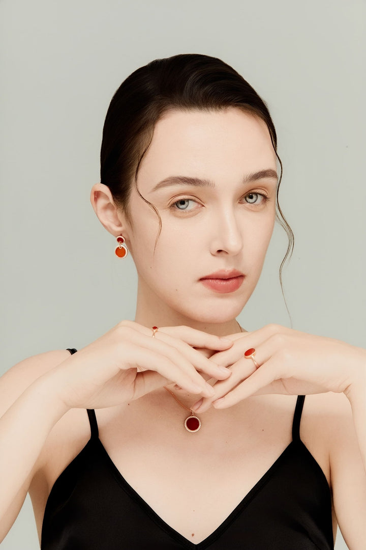 0.6Ct Drop Earrings with Red Agate and Diamonds - MoonClosing