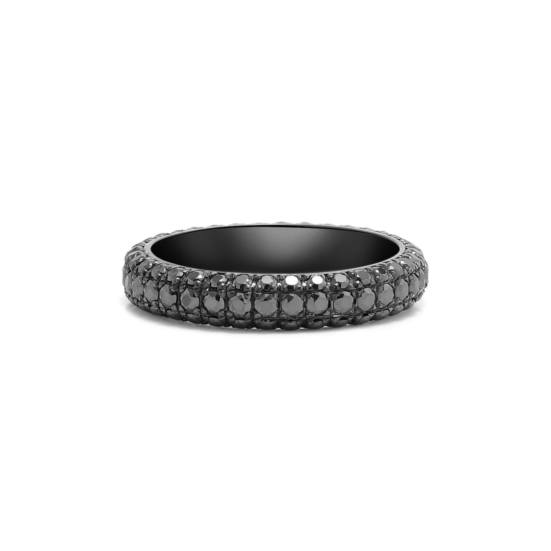 Front view of 14K black gold band with three rows of pavé-set black diamonds; sleek and sophisticated.