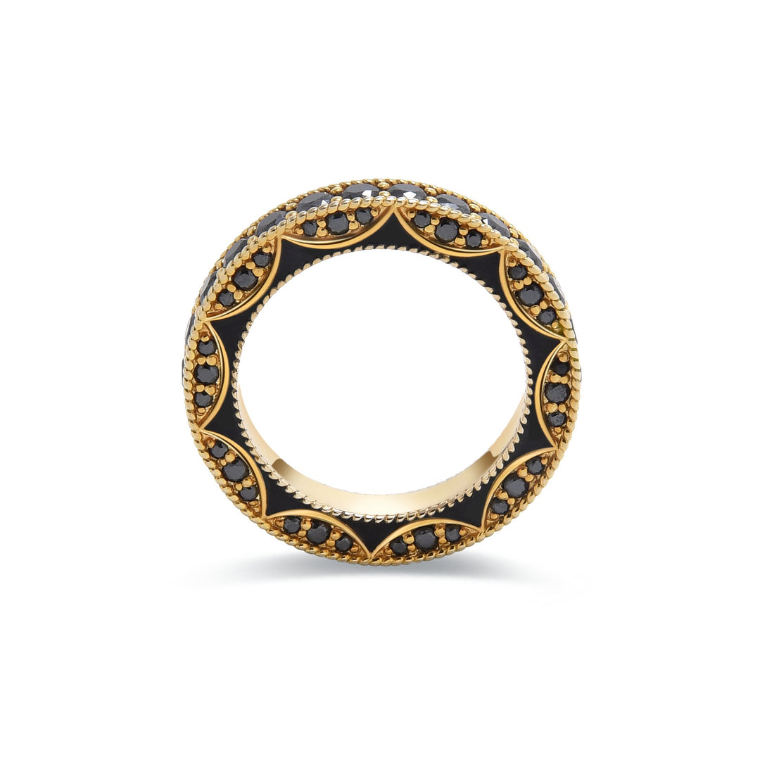 Side view highlighting the intricate gold scrollwork and embedded black diamonds; bold yet refined.