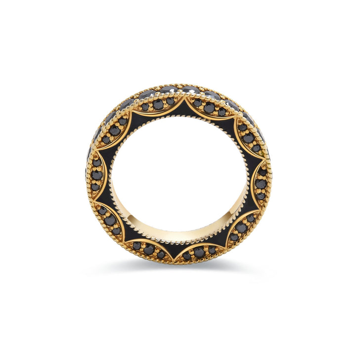 Side view highlighting the intricate gold scrollwork and embedded black diamonds; bold yet refined.
