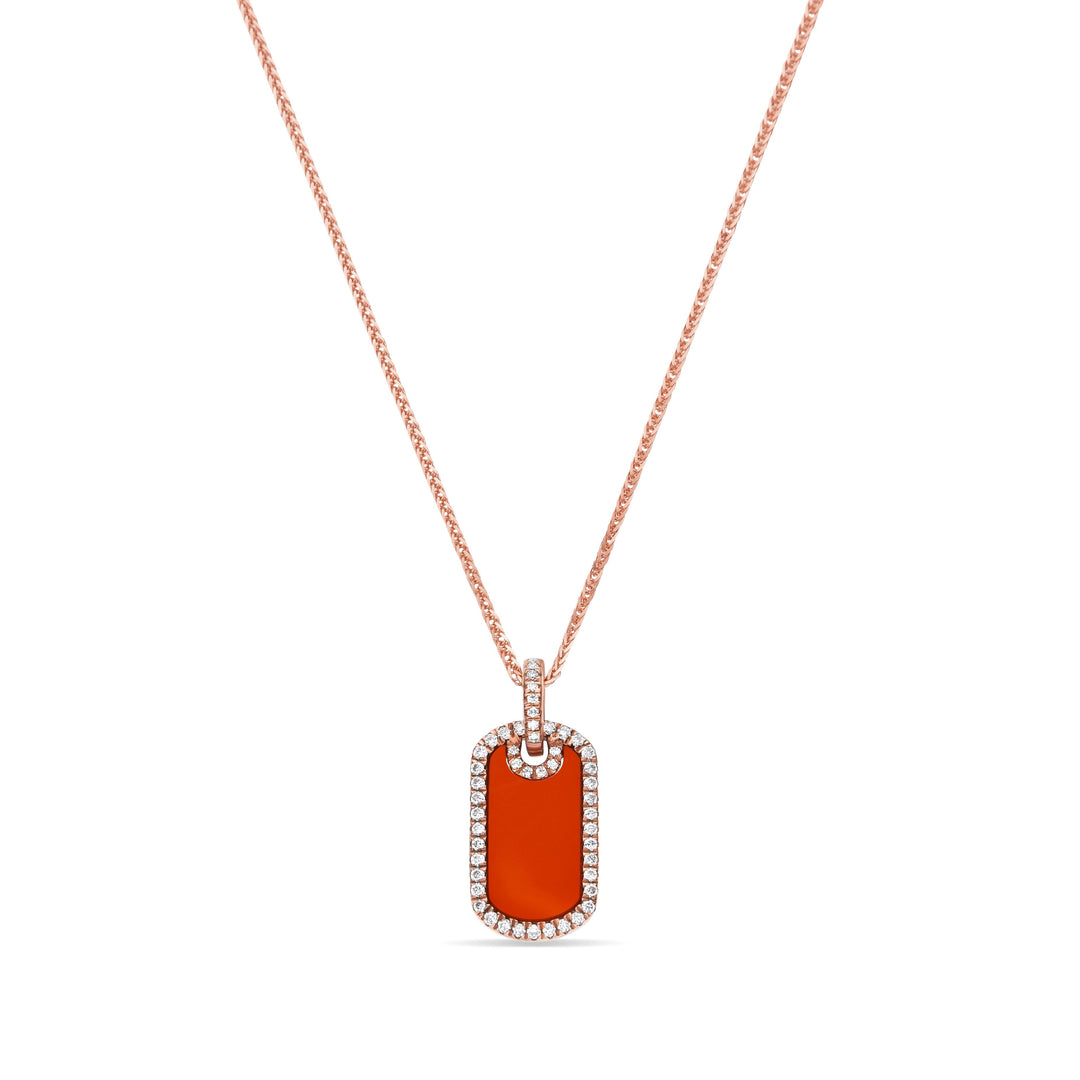 Front view of Portal red agate and cubic zirconia tag pendant