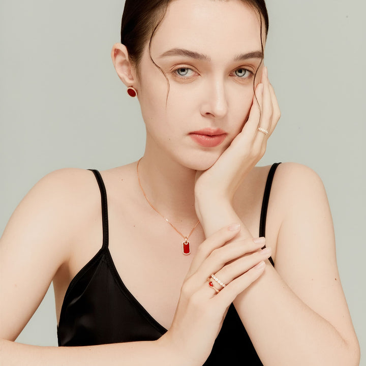 Portal red agate tag pendant necklace worn on model