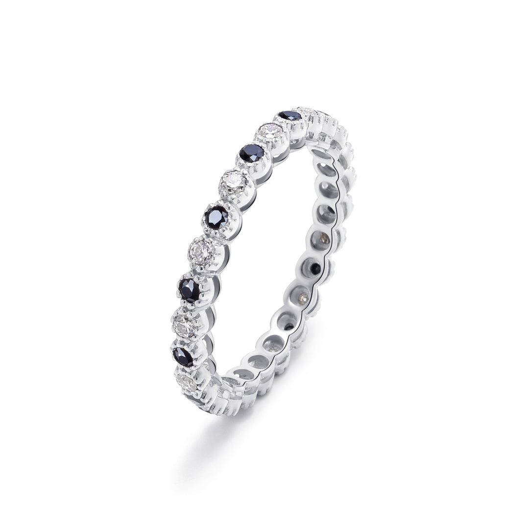 14K white gold eternity band with alternating black and white diamonds; slim, timeless design.