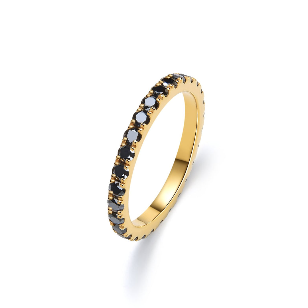 14K yellow gold full eternity band set with small black diamonds; refined and stackable.