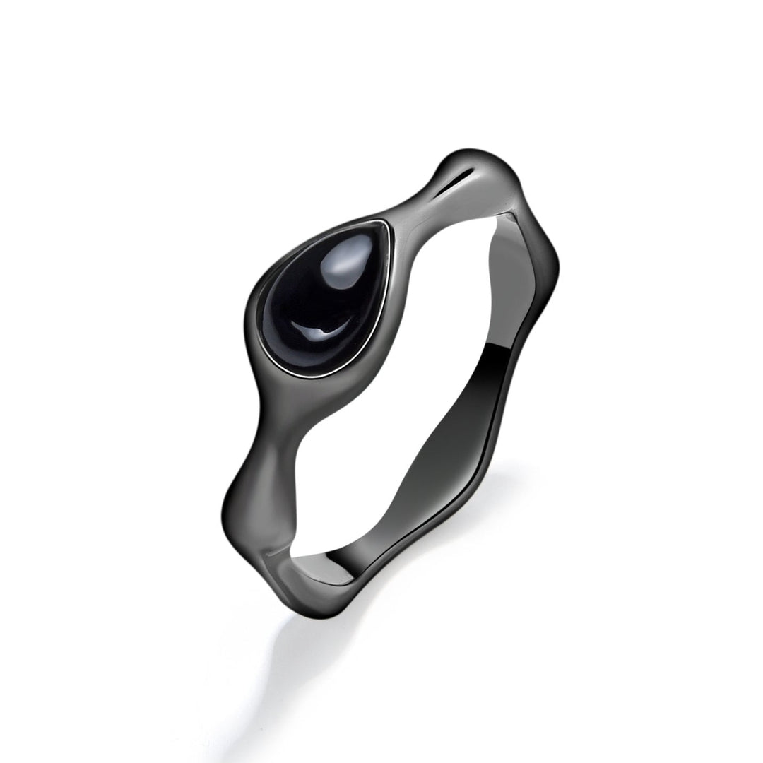 18K Black Sterling Silver Water Drop Black Agate Minimalist Ring - MoonClosing