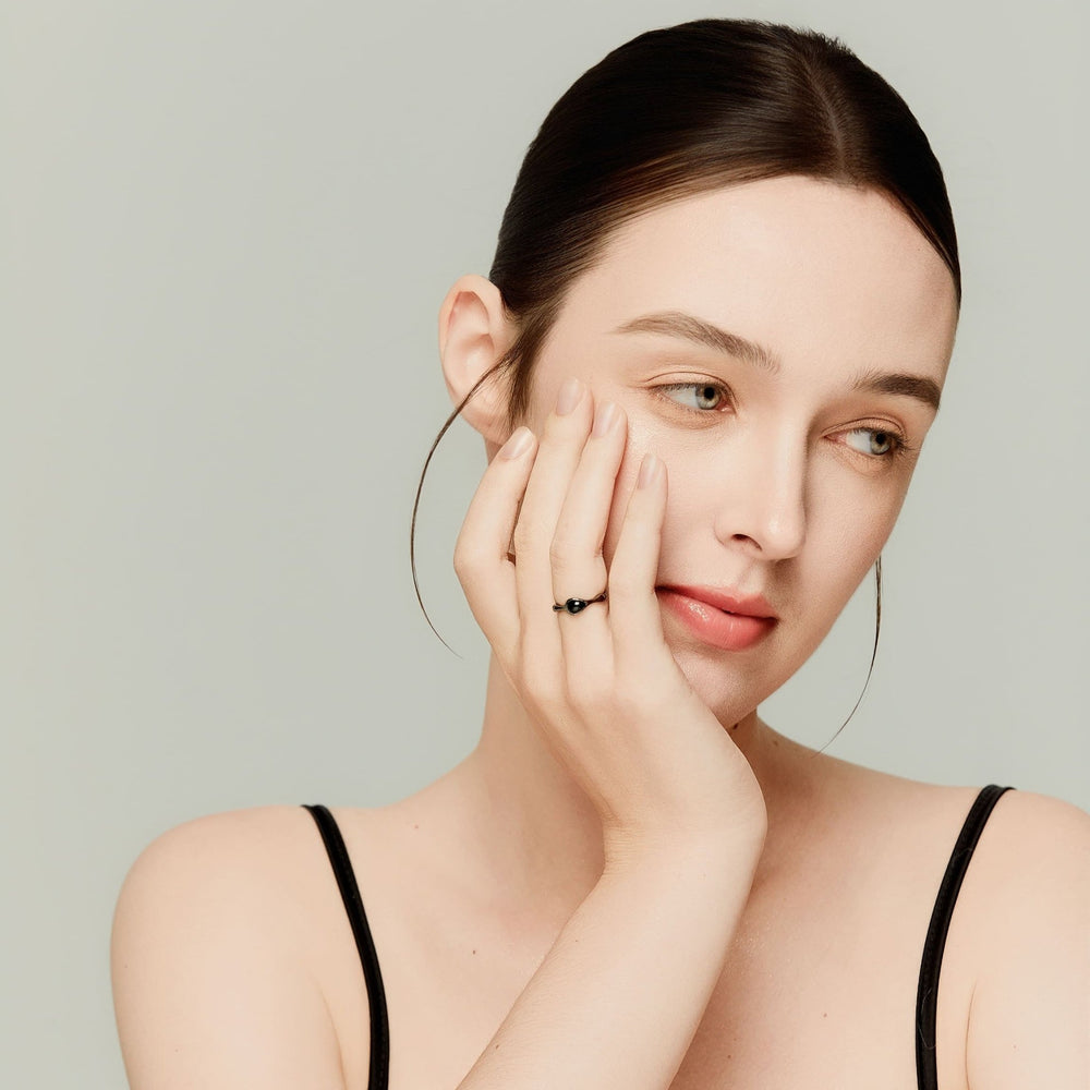 18K Black Sterling Silver Water Drop Black Agate Minimalist Ring - MoonClosing