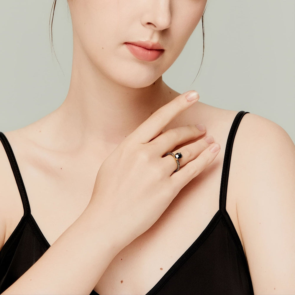 2.9Ct Yellow Gold Pave Ring with Rose Cut Black Diamond - MoonClosing