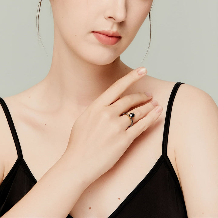 2.9Ct Yellow Gold Pave Ring with Rose Cut Black Diamond - MoonClosing