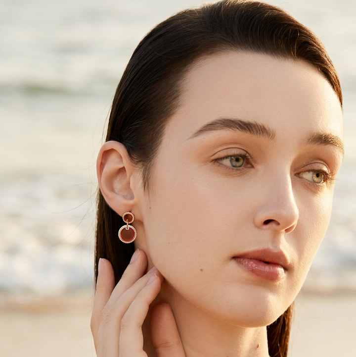 Red Agate Halo Drop Earrings