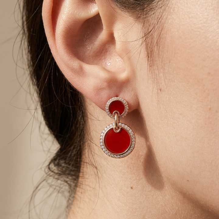 Red Agate Halo Drop Earrings