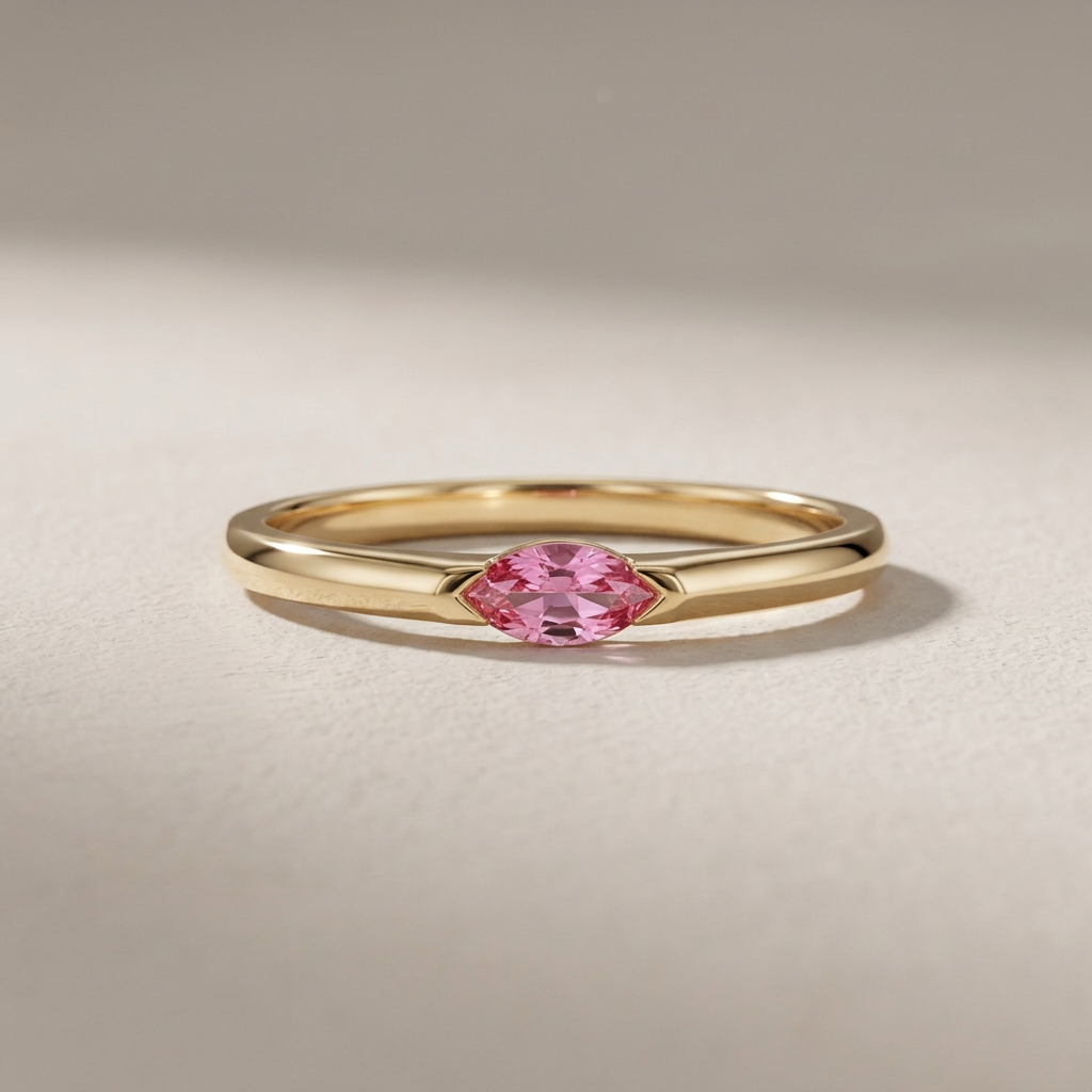 Gold ring with a pink gemstone on a beige background