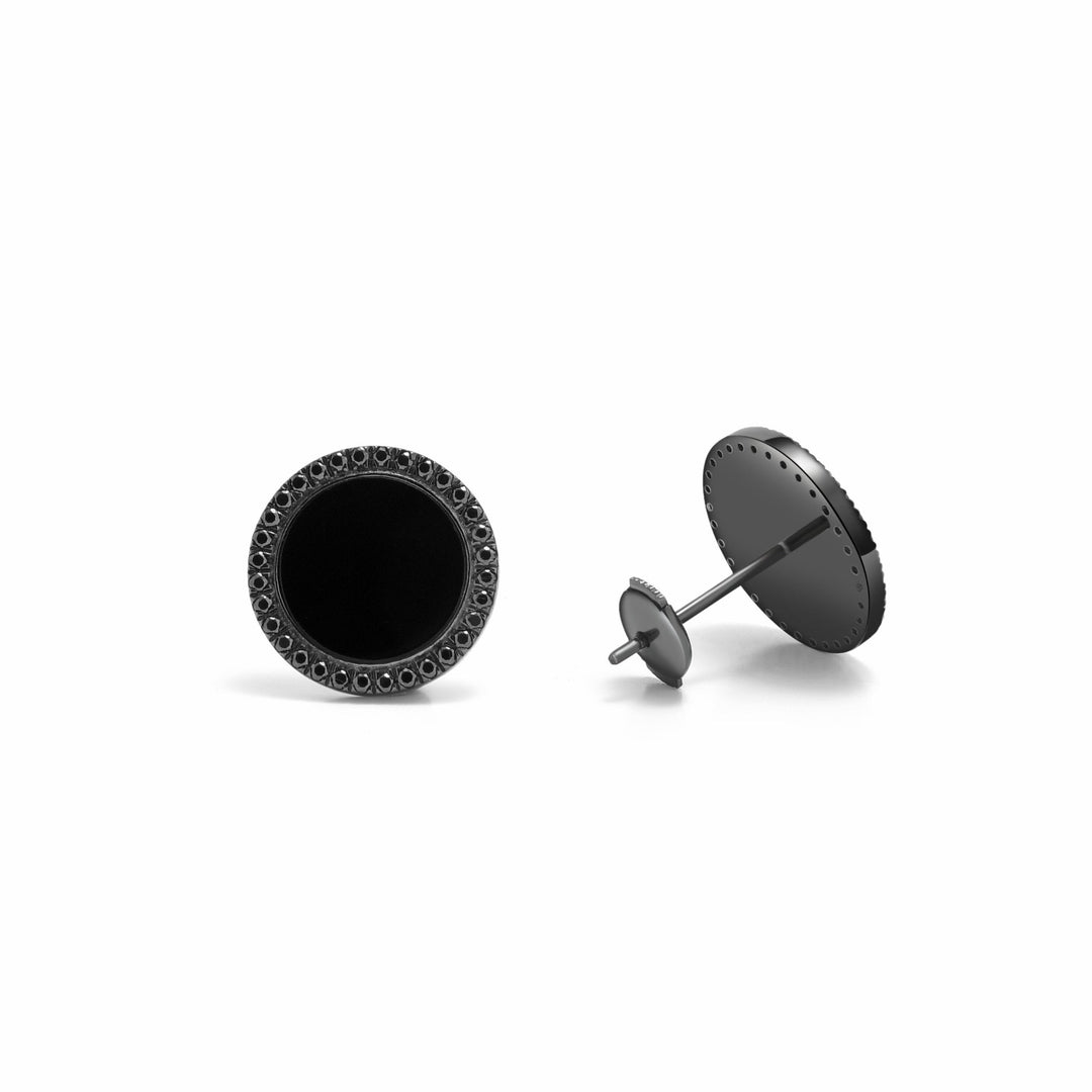 Black Rhodium Plated Sterling Silver Round Black Agate Earrings - MoonClosing