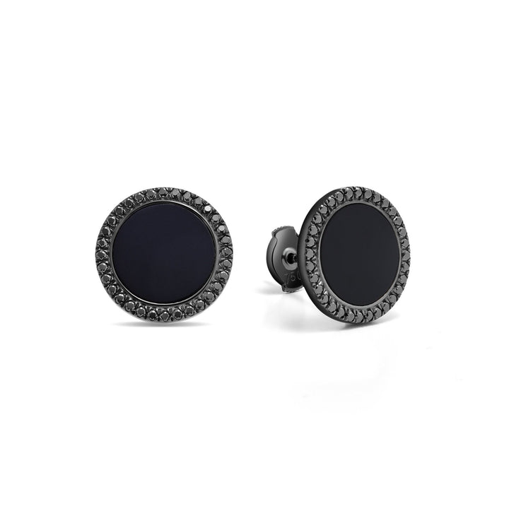 Black Rhodium Plated Sterling Silver Round Black Agate Earrings - MoonClosing