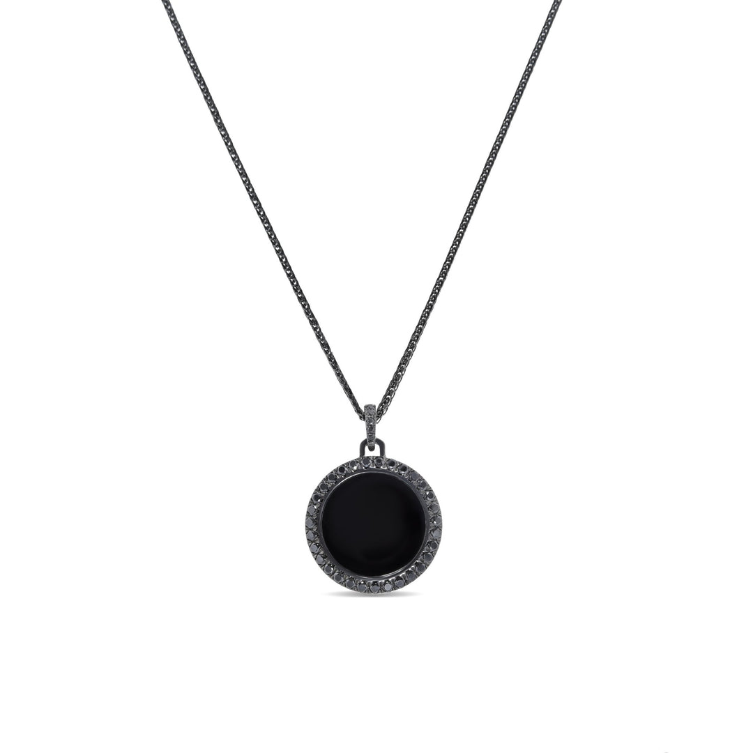 Black Rhodium Plated Sterling SilverRound Agate Diamond Pendant - MoonClosing
