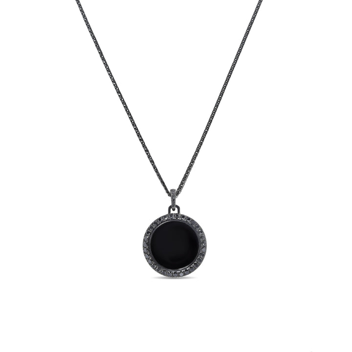 Black Rhodium Plated Sterling SilverRound Agate Diamond Pendant - MoonClosing
