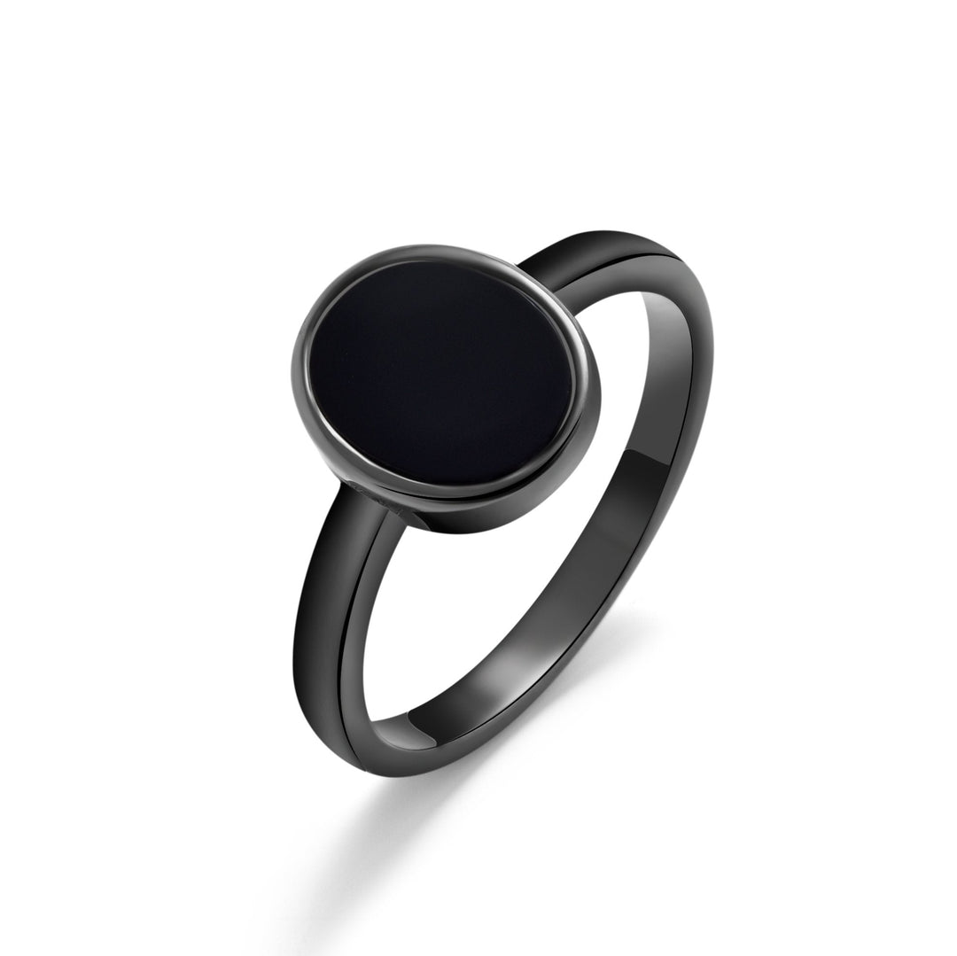 Heart's Orbit | Unique Black Sterling Silver Oval Black Agate Minimalist Ring - MoonClosing